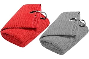 HYRKOTW Asciugamani da golf in microfibra con motivo waffle, confezione da 2, con moschettone e clip per sacca da golf, set di asciugamani da golf ripiegabili (grigio + rosso)