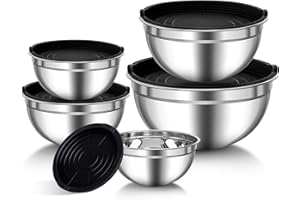 Zanfqvo Bols à mélanger en Acier Inoxydable, Lot de 5 Saladiers avec couvercles hermétiques, 0.7L/ 1.1L/ 1.5L/ 2.7L/ 4.5L Empilables et lave-vaisselle, ustensiles de cuisine pour stockage et mélange