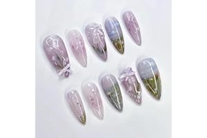 GlamRays 24 sztuki Flower Press on Nails Medium migdały fałszywe paznokcie, wiosenne kwiaty kolorowe sztuczne paznokcie z perłą 3D kokardka, gradientowe naklejki na paznokcie nude różowy