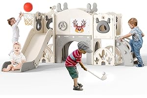 Krovtoy Toboggan 7 en 1 pour Tout-Petits, sur Le thème de l'élan de Noël avec Ensemble de Golf, Toboggan pour bébé pour Tout-Petits de 1 à 3 Ans (Gris Beige- 7 en 1)
