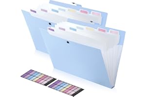 FRETONBA Akordeonowy organizer na dokumenty, 2 szt., z 8 kieszeniami, plastikowe teczki na dokumenty A4 z pokrywką i etykietami, organizer do przechowywania do domu, biura, szkoły, niebieski