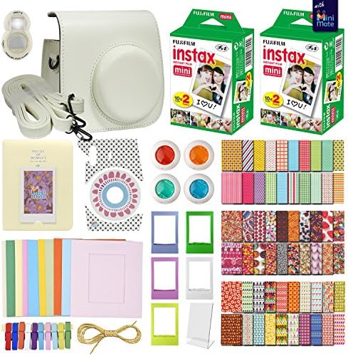 Fujifilm Instax Mini 8 Accessory Bundle + Pack of 40 Instax Mini Films, 15 in 1 Kit with Close Up and Color Filters, Photo Album, Colorful Picture Frames, Camera Case and Removable Strap (White)