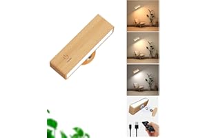 DetarZinLED Lámpara de Pared con Batería de Carga USB,Lamparas de Pared 3 Temperaturas de Color, Lampara Mesita Noche Recargable, Apliques de Interior Adhesivos Para Dormitorio (Madera de Haya)