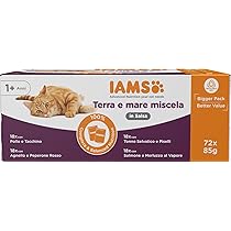 Cibo Umido Per Gatti IAMS Land &amp; Sea - 12 Lattine Da 85g, Mix Carne E Pesce In Gelatina