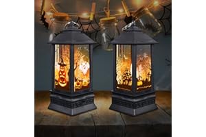 IXYHKB 2 Pezzi Lanterna Halloween, Lanterne a Luce LED Lanterne Zucca e Castello Halloween, 20cm Halloween Zucca Luminosa da Esterno Appendere, Addobbi Giardino Decorative Lanterna Strega con Batteria