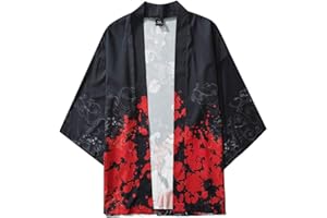 OYZ Koi Carp Fish Cherry Blossoms Print Japanese Kimono Men Cardigan Jackets Streetwear Hip Hop Harajuku Casual Male Clothes Tops, S-5XL