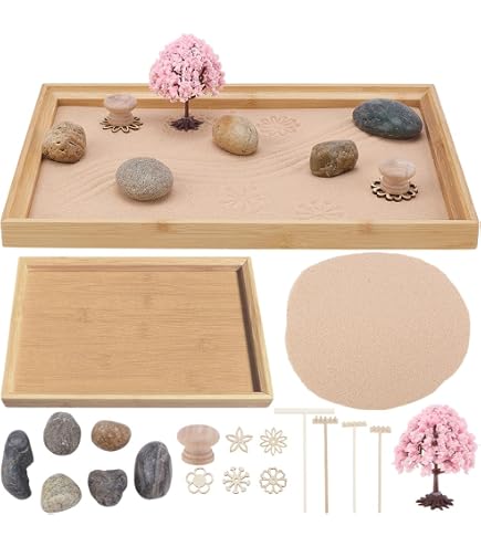 Kit Jardin Zen Miniature Pour Bureau - Bac à Sable Japonais Avec Accessoires 21x15.7cm - 6