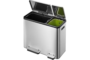 EKO Ecocasa kosz na śmieci z pedałem, system segregacji śmieci 30 l + 15 l (32,1 x 60,5 x 49,2 cm, system amortyzatora, bez odcisków palców, Stay-Open, mocowanie worków na śmieci), nierdzewna stal nierdzewna matowa