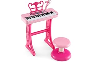 COSTWAY 37 Tasten Kinder Keyboard, Kinderklavier elektronisch mit Hocker, Mikrofon & Notenständer, Kinderpiano mit Abnehmbarer Beinen, Klaviertastatur für Kinder ab 3 Jahren (Rosa)