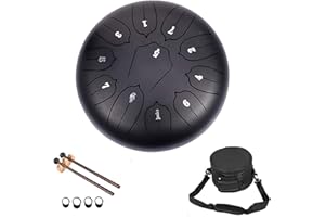 10 Inch 11 Notes Steel Tongue Drum, GGHKDD Chakra Tank Drum with 4 Finger Cover&Tutorial Book, Percussion Handpan Drum for Meditation Entertainment Musical Education (10IN Black)