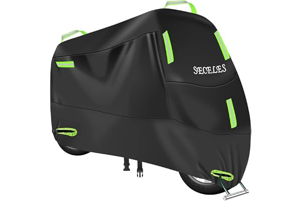 SECELES Housse Moto Extérieur Interieur Oxford 300D, Bâche de Protection Moto Etanche avec 7 Bandes réfléchissantes et 2 Trous de Serrure, pour Scooter Motocross (XXXL:265 x 95 x 125 cm)
