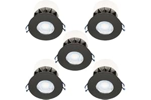 firstchoicelighting Set of 5 Matt Black 8W LED Fire Rated Recessed Downlights, IP65 Bathroom Kitchen Ceiling Spots, Dimmable 4000k Integrated LED