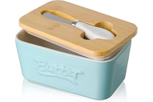 Mantequillera de Porcelana con Cuchillo y Tapa de Madera, Henten Home Contenedor Grande para Mantequilla, Recipiente Hermética para Todo Tipo de Mantequilla(Azul Mate)