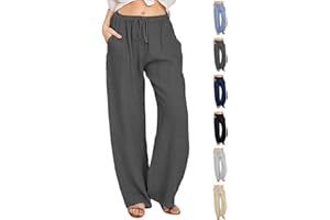 Joligiao Pantalones Mujer Casuales Pantalones de Lino Verano Pantalones de Playa de Algodó Pantalones Rectos con Cordón Pantalón de Mezcla con Bolsillos Ligeros y Cómodos