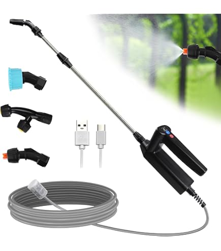 Pulverizador Eléctrico A Batería – 3.7V Con 4 Boquillas Y Manguera 5m – Para Plantas, Lavar Coche, Limpiar