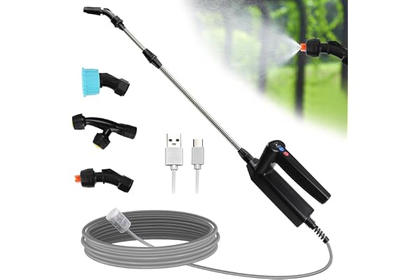 Pulvérisateur électrique sans Fil 7,4 V, 3 Vitesses de pulvérisation + 4 Buses réglables, Tuyau de 5 m et Tuyau de pulvérisation Extensible, léger et Portable pour Jardin, Plantes