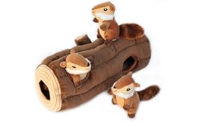 ZippyPaws Woodland Friends Burrow Interaktywne zabawki dla psów – zabawki dla psów w chowanego i szczeniaka, kolorowe piszczące zabawki dla psów i pluszowe puzzle dla psów, wiewiórki i kłoda