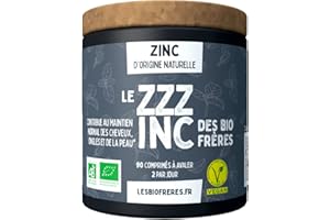 Zinc Naturel – Immunité, Cheveux & Peau – Combat l’Acné – 90 Comprimés Vegan à Avaler – Assimilation Optimale – Les Bio Frères