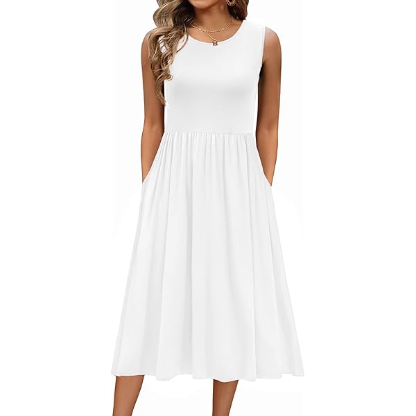 ABINGOO Dames Korte Mouwen Zomerjurk Ronde Hals Midi Jurk Lange Boho Casual Jurk Losse Knielange Jurken Strandjurken Bloemetjesjurk met Zakken(Z-Wit,L