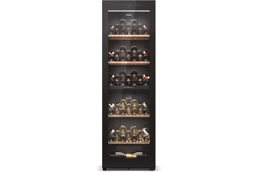Haier, Wine Cellar HWS236GDEH1, Wine Bank 60 Series 7, 236 Bottles, 35 dB, Connected, Anti-UV Glass, Double Zone, Black, HxWxD 190 x 59.6 x 71.5 cm [Energy Efficiency Class E]
