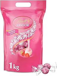Lindt LINDOR Schokoladen| 1 kg Beutel, wiederverschließbar | ca. 80 Kugeln weiße Schokolade mit Erdbeer-Sahnecrème | Großpack