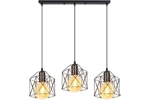 PETITES ECREVISSES Suspension Luminaire Industrielle 3 Lampes Vintage E27 Lustre Abat-jour en Métal Design pour Salon Chambre Cuisine (Noir-avec une barre du support)