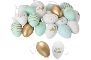 Festicy Jajka wielkanocne, 24 sztuki, dekoracja wielkanocna 2025 (biała, zielona, złota), 8 wzorów, zajączki, napis Happy Easter, jajka wielkanocne do zawieszenia na zewnątrz, plastikowe jajka