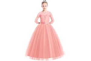 IBAKOM Vestidos de Niña Flores Cordón Manga 3/4 Boda Fiesta Formal Noche Princesa Paseo Ceremonia Vestido Largo de Tul, 2-14 años