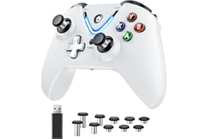 RALAN White Wireless Controller with Paddles for Windows PC, 2.4G Wireless Adapter with 3.5mm Headphone Jack, ALPS Joystick, Hall Effect Sensing trigger, Rechargeable Battery