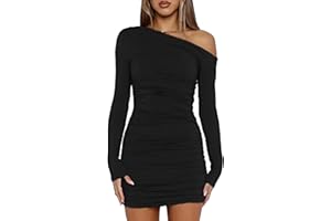 AMABILEMIA Vestito Donna Corto Invernale Mini Abito Elegante Maniche Lunghe Tubino Sexy Nero Monospalla Vestiti da Sera Inverno AM223