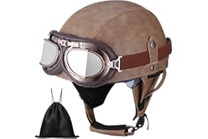 BDTOT Casque de Moto Vintage Cuir Retro Vintage Scooter Open Face Demi Casque de Cuir avec UV Lunettes Certifié ECE Bols pour Homme et Femme Adultes Demi-Casques avec Sac de Rangement