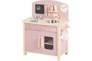 roba Spielküche, weiß, natur, mauve/rosa Spielzeug-Küchenzeile mit 2 Kochstellen, Spüle, Wasserhahn & Zubehör