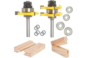 Sinoprotools 2Pcs Tongue and Groove Router Bit Set, 1/4" Shank Tongue and Groove Router Bits, 3 Teeth T Shape Jointing Router Bits,Wood Milling Cutter for Tongue&Groove Joints,Slots(1-3/4" Cut Dia.)