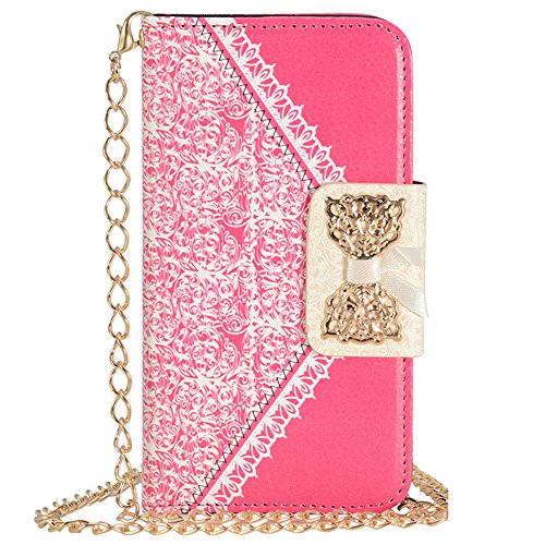 Uming® Gold Bow Lady Series PU Case [* for Samsung Galaxy S5Mini Mini G800F *] with Bling Shiny Glitter Glanze Elegant White Lace Pattern Flip Holster with Stand Stander Holder Hand Free Credit Card Slot Wallet Hasp Magnet Magnetic Button Buckle Shell Protective Mobile Cell Phone Case Cover Bag - HotPink