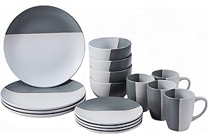 HOMD 16-Pieces Stoneware Dinnerware Set, Dinner Set, Kitchen Dinnerware Ceramic Crockery Set, Dinner Service Set for 4, Include Dinner Plate, Dessert Plate, Cereal Bowl and Mug（Grey White）