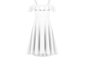 Arshiner Robe d'été pour Filles épaules Dénudées Manches à Volants Robe élégante à Bretelles Robe trapèze Robe Haute et Basse Robes Décontractées avec Poche 4-13 Ans