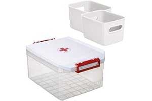 PracticDomus - Lote Botiquín y 2 Cestos Baobab, Caja Multiusos 14L. Tapa con Asas Integradas y Símbolo Cruz Roja