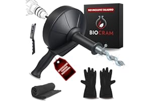 BIOCRAM Desatascador de tuberias profesional 10m. Introduce el cable manualmente hasta el atasco, gira para limpiar y recógelo manualmente - Desatascador de tuberías para fregadero y WC con varios accesorios.
