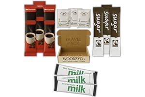 WOODZYCO Tea, Coffee, Milk & Sugar Sachets Bundle – 10 Individual Portions – Everyday Black Tea, Caffeinated Coffee, UHT Milk & White Cane Sugar – Ideal for Travel, Guest Welcome Packs, Hotels & Holiday Lets