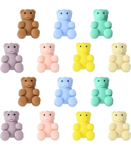 Lot De 16 Perles En Silicone En Forme D'ours Avec Fleur - 29 X 25 Mm, Trou De 2 Mm - 8 Couleurs Pour Bijoux DIY, Bracelets, Boucles D'oreilles