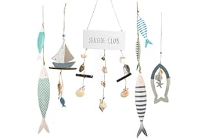 Logbuch-Verlag - Set di 5 ciondoli decorativi, decorazione marittima da appendere, in legno, colore: blu e bianco