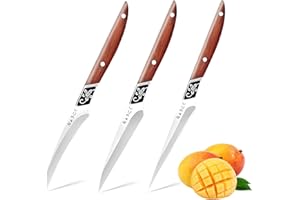 PLYS Set piccolo di 3 coltelli da cucina con manico in legno: coltello professionale per verdure, coltello da frutta, spelucchino, acciaio inossidabile, super affilato