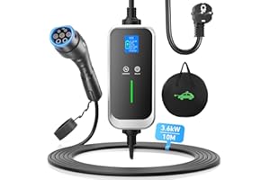 FNRIDS Chargeur Voiture Electrique 10M, 16A-6A Courant Commutable, 3.6kW EV Chargeur Type 2 avec écran, 0-12H Temporisé, IEC 62196, Cable Domestique Recharge Voiture Électrique Type 2 avec Sac (10M)