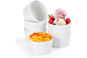 FoiiLiio 6x stampi per soufflé,200 ml Pirottini in Ceramica,Mini Ciotole in Porcellana per Creme Brulè,ciotole in ceramica per creme brulee,Resistenti al Forno,Bianco,Rotondo