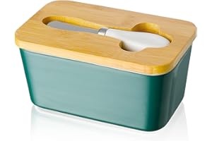 Burriera in Porcellana con Coperchio in Legno e Coltello da Burro, Candiicap Portaburro Per il Frigo, Contenitore per Tutti i Tipi di Burro (Verde Opaco)