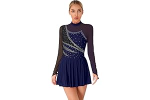 Jugaoge Damen Eiskunstlauf Kleider Langarm Kürkleid Glitzer Tanzkleider Mesh Spleiß Gymnastikanzug Turnanzug mit Tutu Röckchen