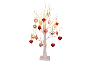 Valentine Tree, Valentines Day Decorations, Lighted Birch Tree, 24 LED-lampor och 18 i hjärtform, USB-timer och batteridriven, litet bord på 61 cm