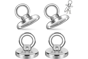 TDUNSYA 4 Pièces Gros Aimant Puissant Peche, Diamètre 42 mm Aimant de Peche, 55 kg Aimant Neodyme Super Puissant avec Anneaux Facile à Démonter pour Pêche À L'Aimant, Récupération de Rivière