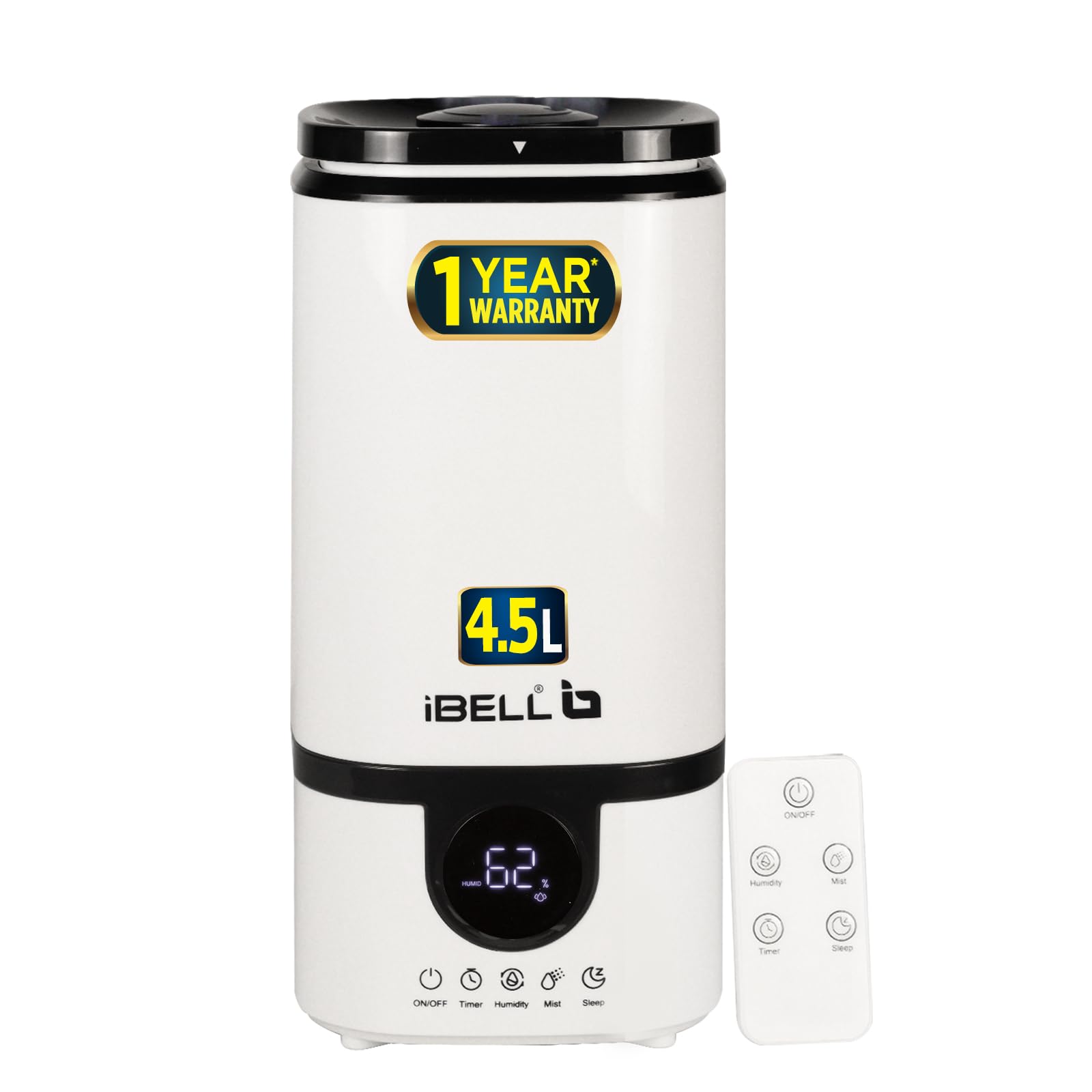 iBELL Humidifier for room, 4.5L, Ultrasonic, Adjustable Mist Output, Super Quiet 360° Nozzle, Lasts Up To 24 Hrs, Essential O