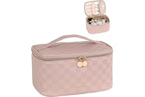 Prite Groß Kosmetiktasche für Damen Reise Kulturtasche aus Wasserdichtem Leder Tragbare Kulturbeutel oder Make Up Tasche mit Griff und Abnehmbarem Trenner (Rosa kariert)